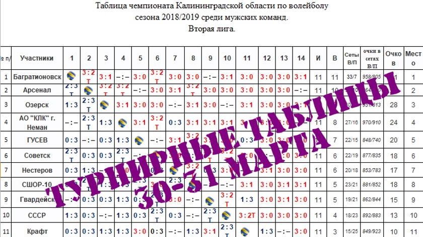 Чемпионат области по волейболу. Турнирные таблицы после 30-31 марта